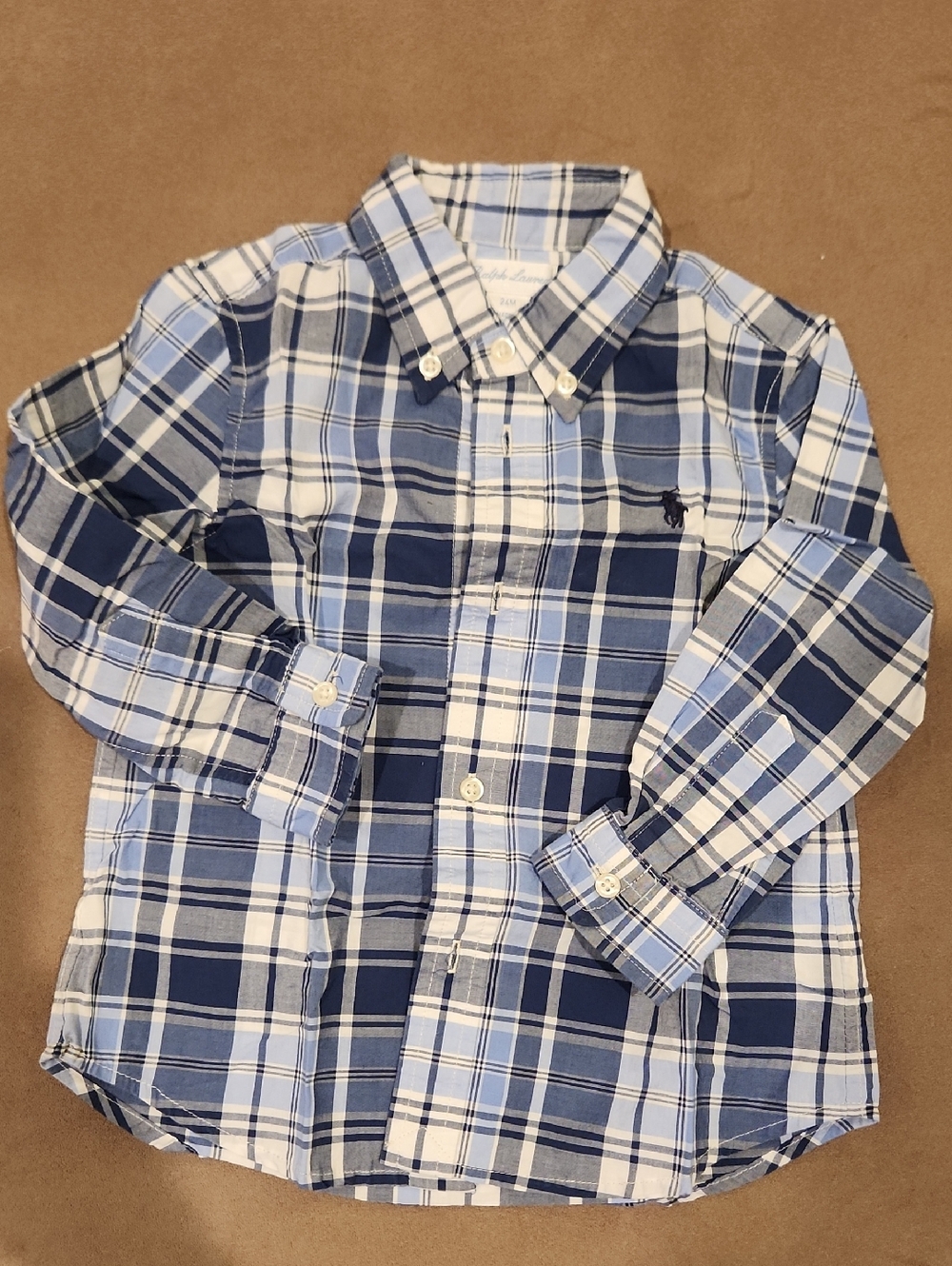 Ralph Lauren Baby 24m Navy and Light Blue Plaid Button-Down Shirt